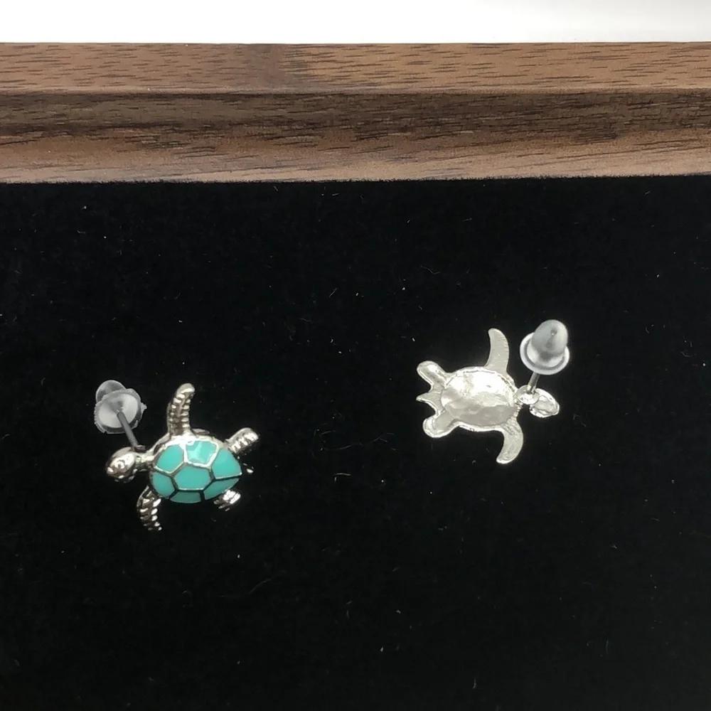 Turquoise and Silver Tone Sea Turtle Earrings - Picture 7 of 7